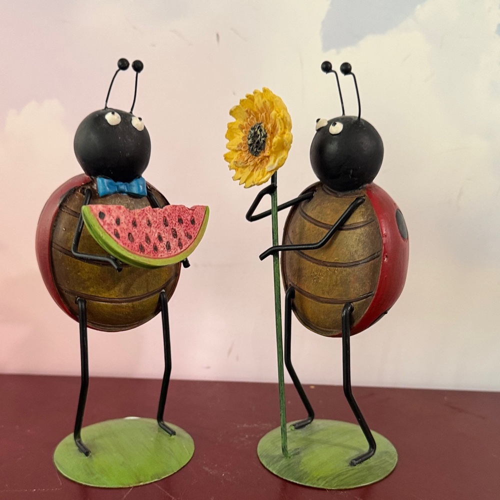 Pair of Whimsical Ladybug Figurines with Watermelon and Sunflower